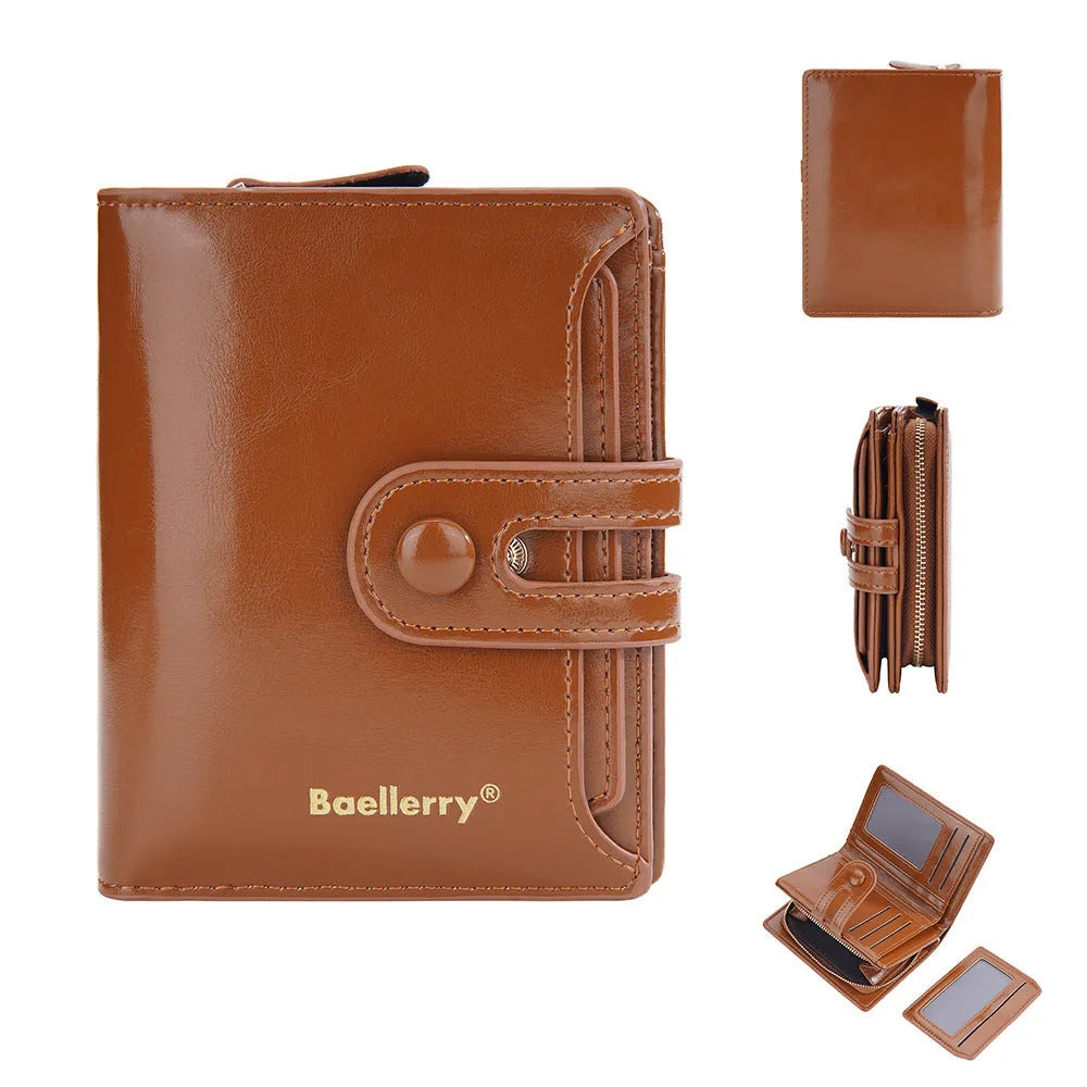 Women's PU leather card holder wallet showing colour options including lake water green and yellow brown