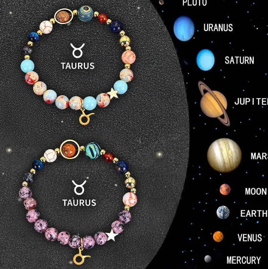 Set of twelve beaded bracelets with natural stone beads and sterling silver zodiac charms on a dark background.
