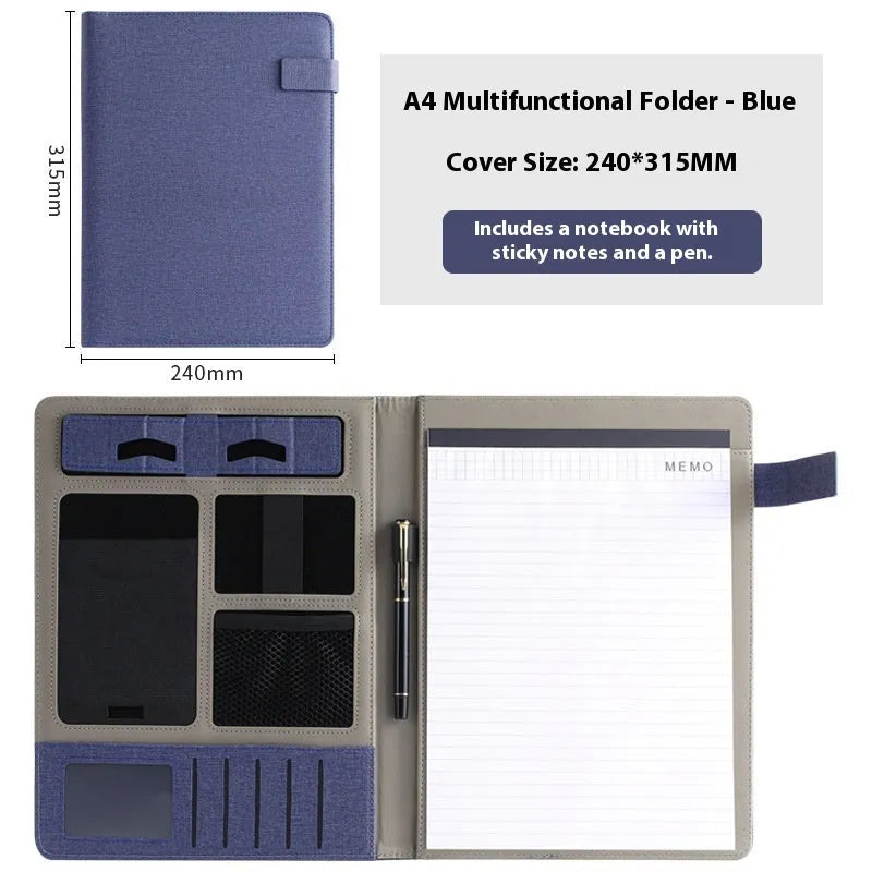 Leather A4 business folder organiser with pen and notepad accessories in black colour