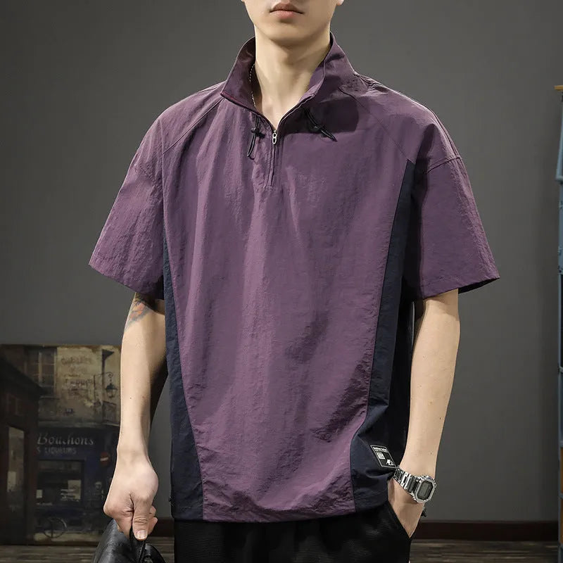 Men's half zipped stand collar business casual shirt in ice silk fabric available in brown and purple colours