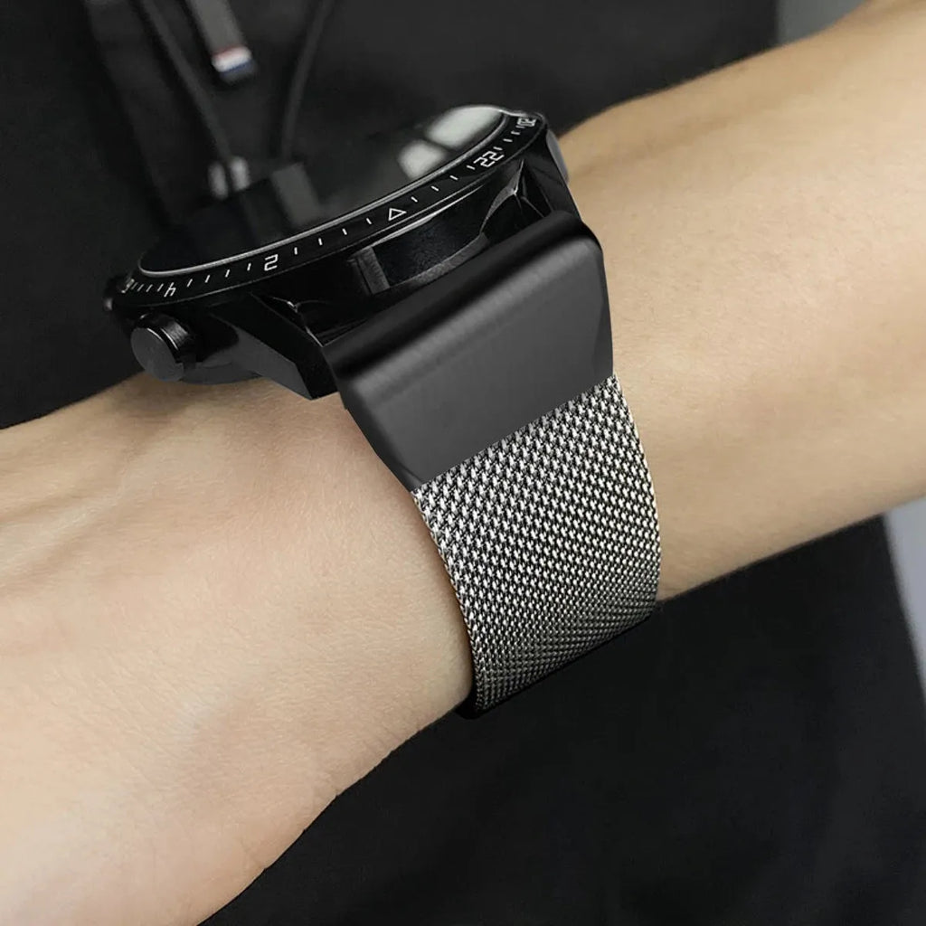 Stainless steel card holder watch strap for Garmin Fenix smartwatch in silver finish.