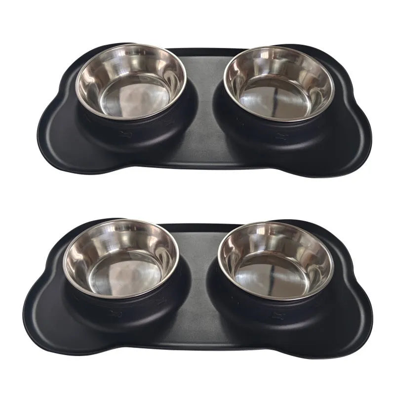 Large black silicone dog bowl seated inside a weighted stainless steel base