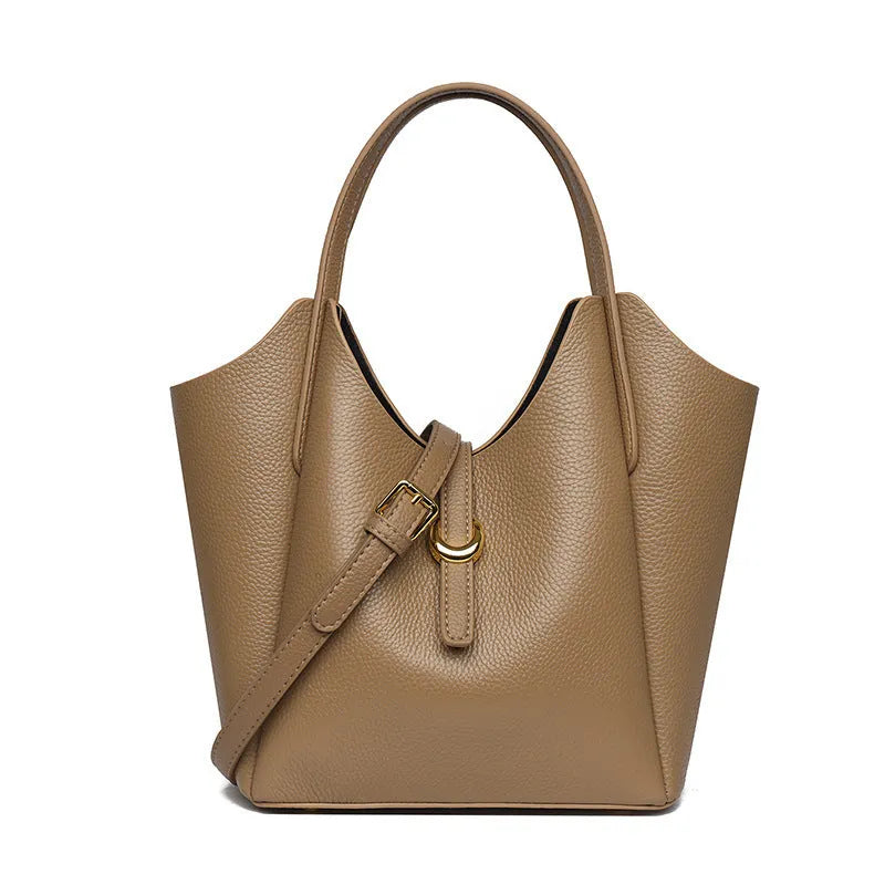 Women's genuine leather bucket handbag in four colours with file compartment and retro sewing details