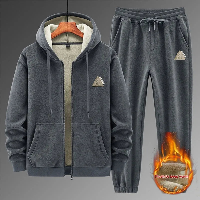 Casual sports suit with hooded sweater and trousers in grey, black, or brown