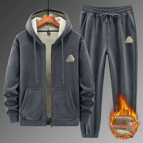 Casual sports suit with hooded sweater and trousers in grey, black, or brown
