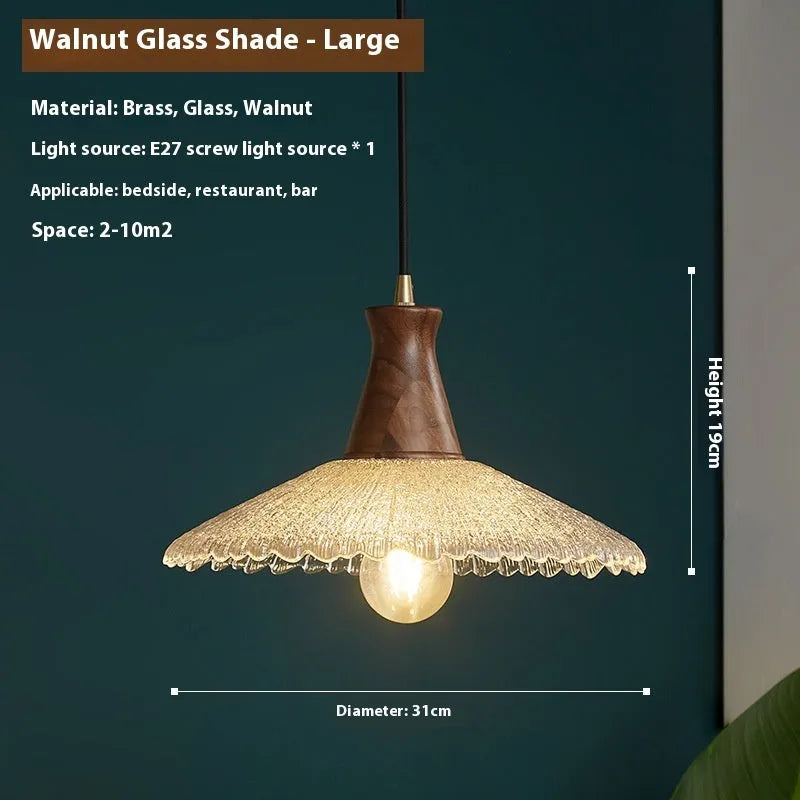 Wood and brass electroplated chandelier with glass shade in three sizes for commercial lighting