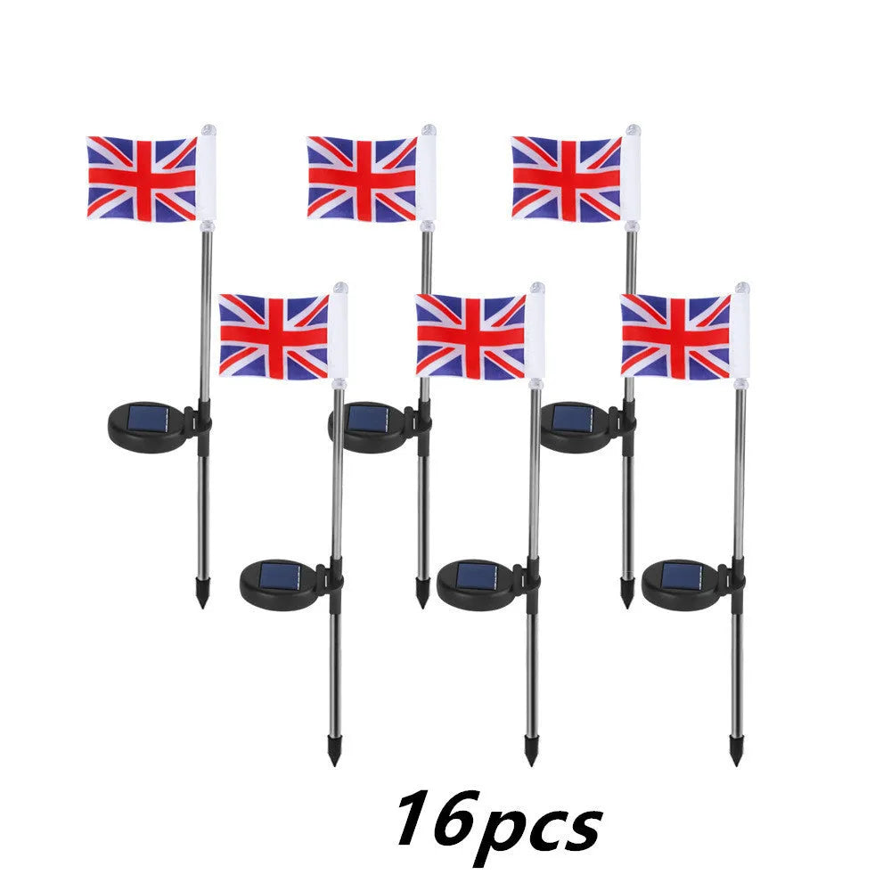Solar garden flag light with stainless steel pole showing either American or British flag design.