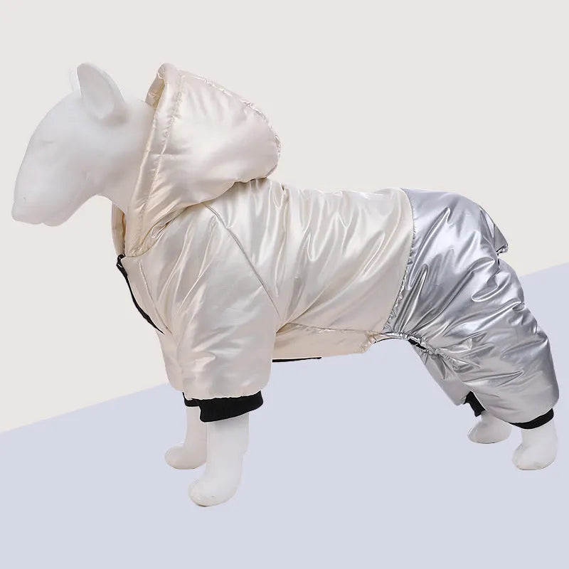 Green waterproof four-legged dog coat with cotton padding on small dog