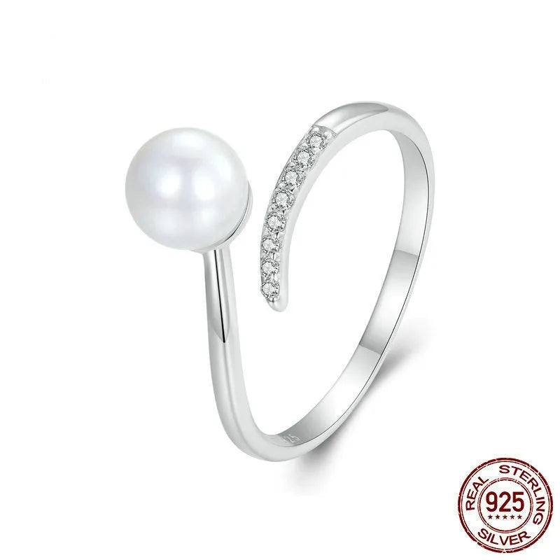 S925 sterling silver adjustable ring with natural shell pearls and opening loop design
