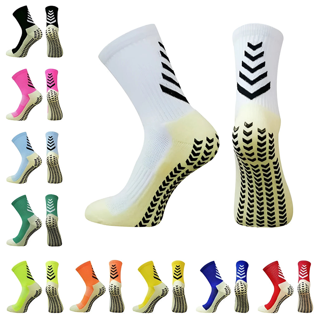 Men's mid-calf athletic socks with geometric patterns and non-slip silicone grip for football and running