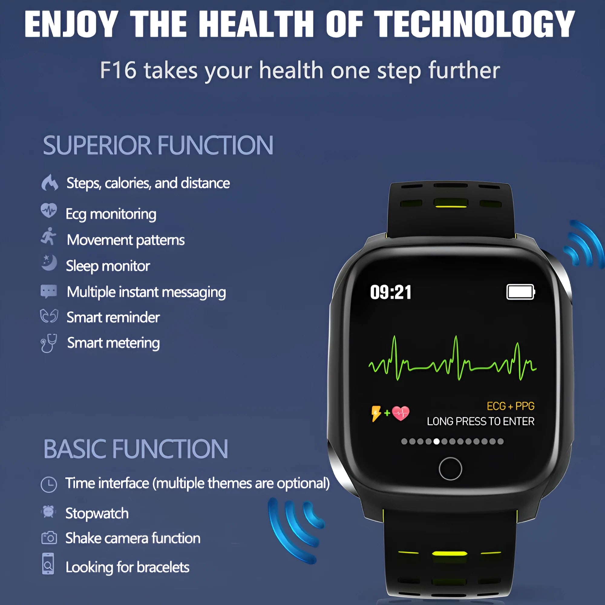 F16 Smart Watch with ECG monitor on wrist, showing black grey silicone strap and IPS screen displaying heart rate.