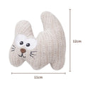 Cyan knitted plush cat toy with rope ends, measuring 12cm, containing a bell and organic catnip.