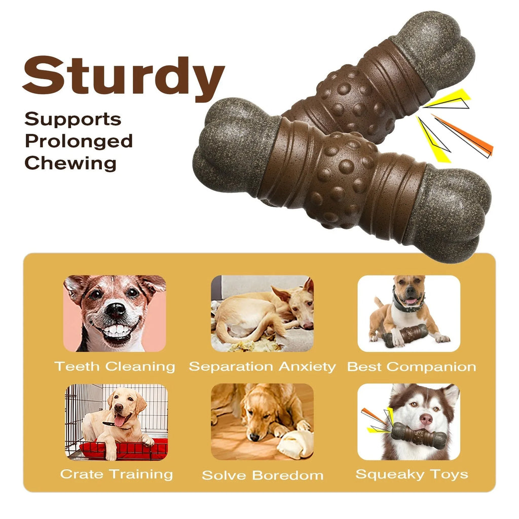 Wood-colour plastic bone-shaped dog toy for dental cleaning and chewing