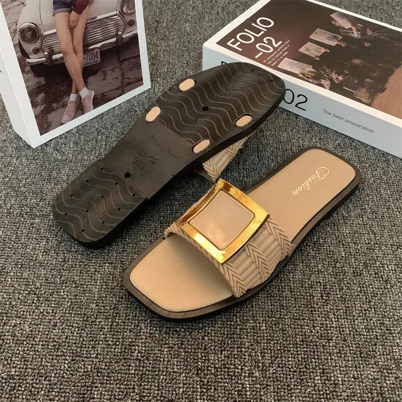 Women's summer flat slippers in apricot colour with waterproof PVC sole