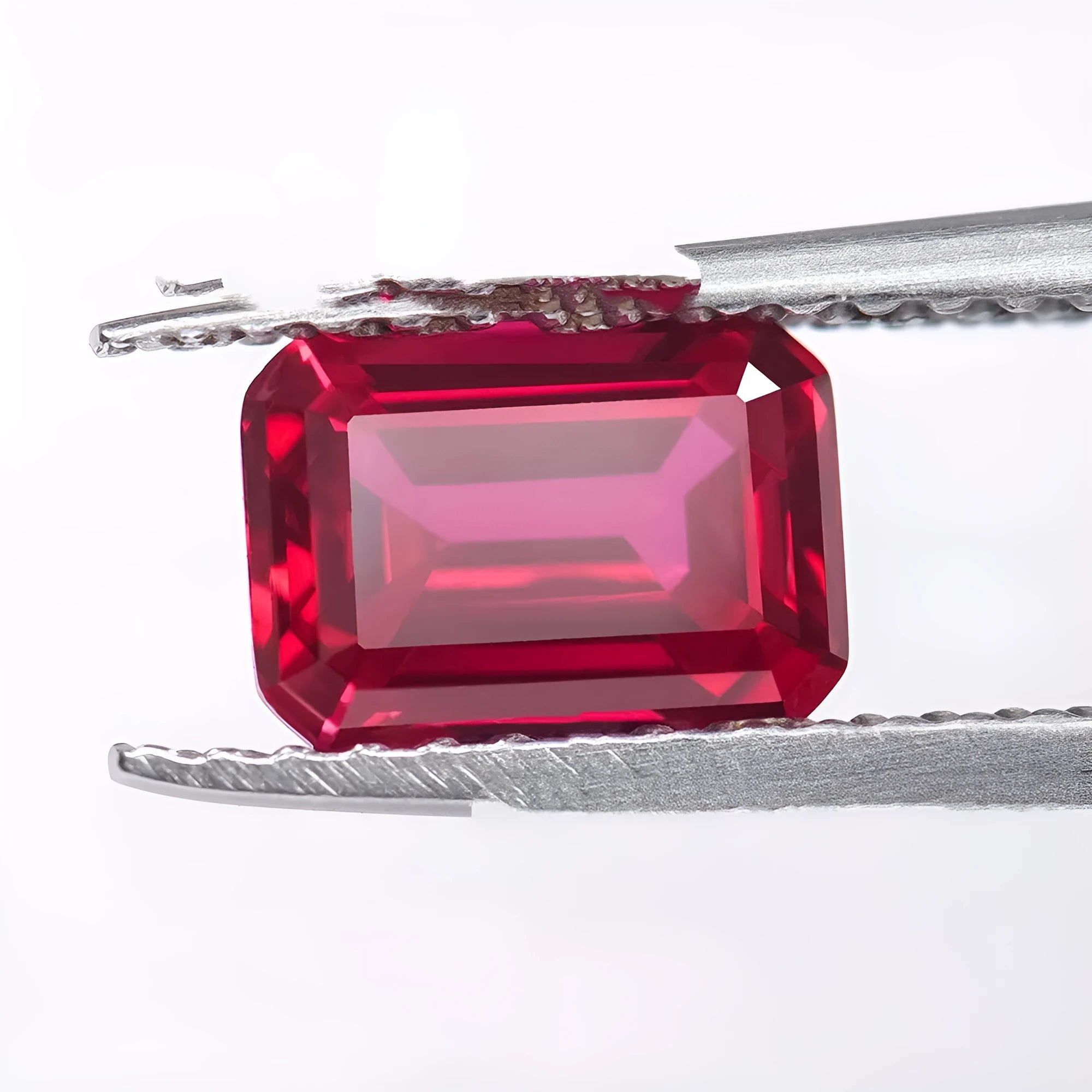 Laboratory-created pigeon blood red ruby gemstone showing different cutting styles including round, princess, and water drop