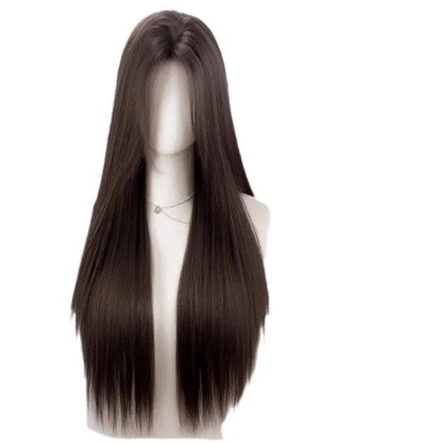 Full-head lace front wig with mid-length straight black hair displayed with styling accessories