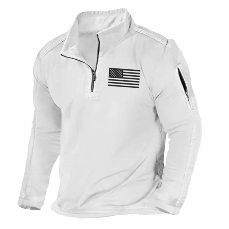 Men's grey zip-front stand collar long-sleeved polyester sweater laid flat.