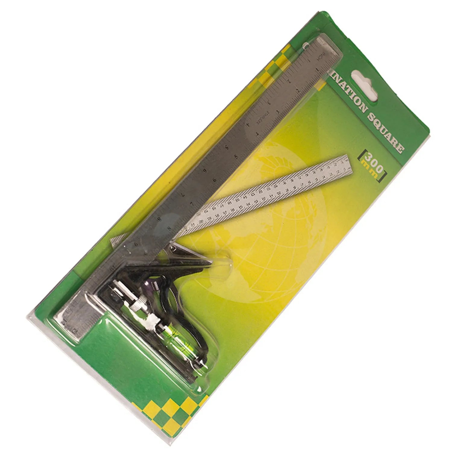 Two red metal combination angle rulers with metric markings in transparent storage bag for civil surveying