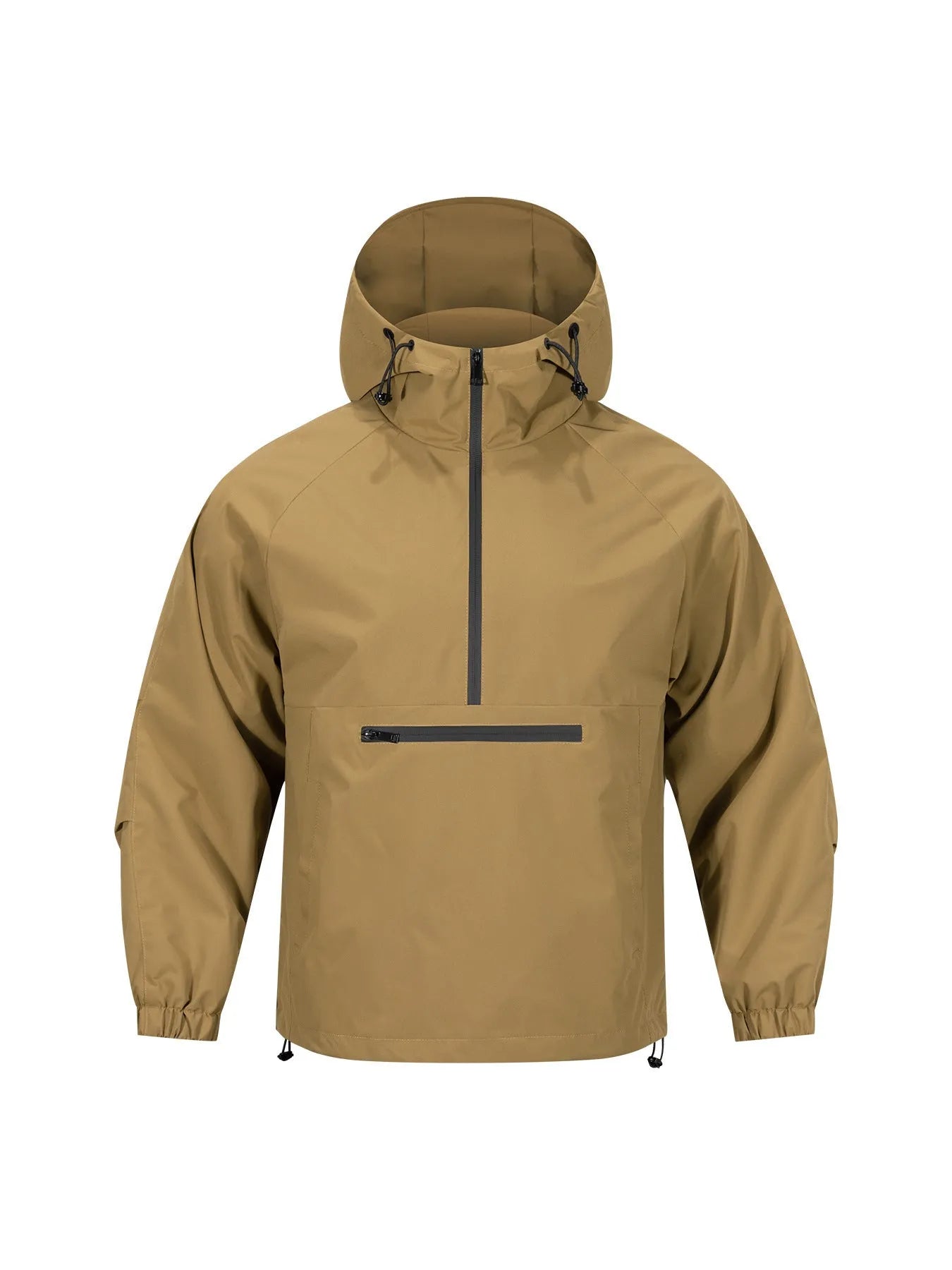 Men's loose grey corduroy half-zip hooded sweater jacket with rabbit fur fabric on a hanger