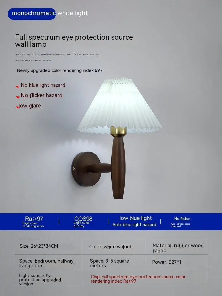 American retro style wall lamp with rubber wood frame and fabric shade in walnut wood colour