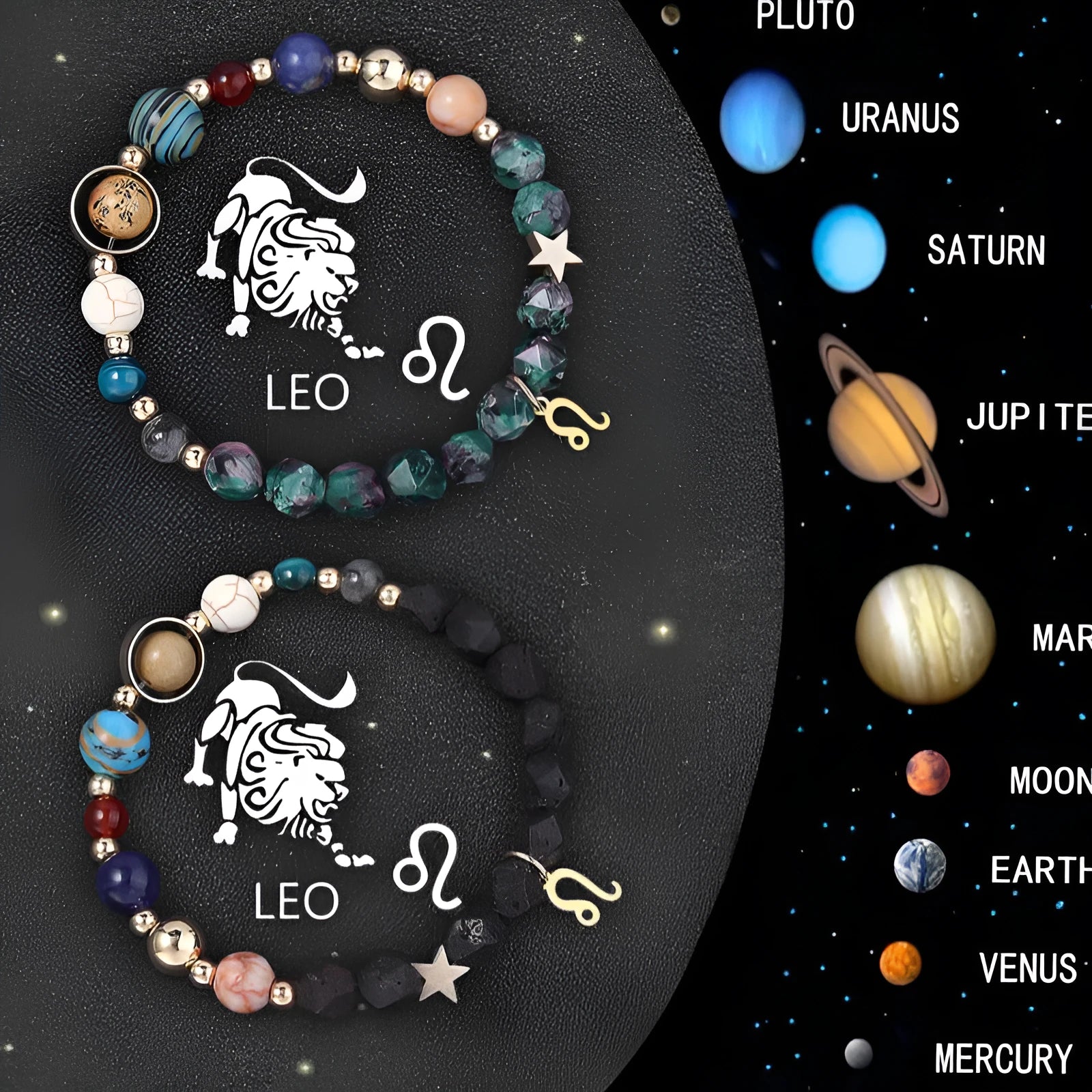 Set of two natural stone beaded bracelets featuring zodiac sign charms on a neutral background.