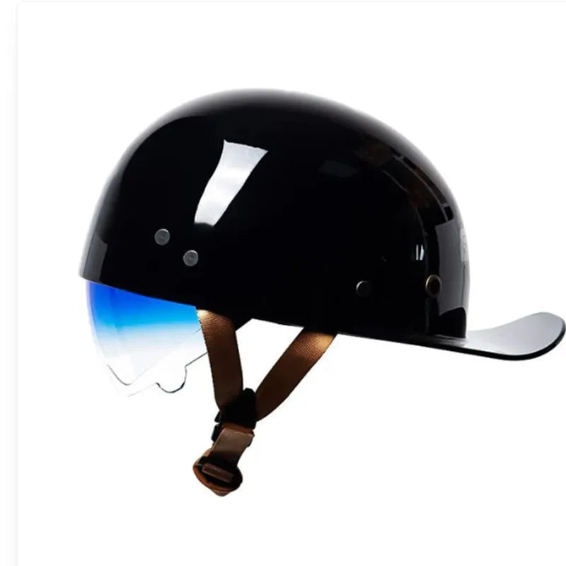 Retro-style half helmet for electric bicycles in bright black with a gradient blue tinted lens.