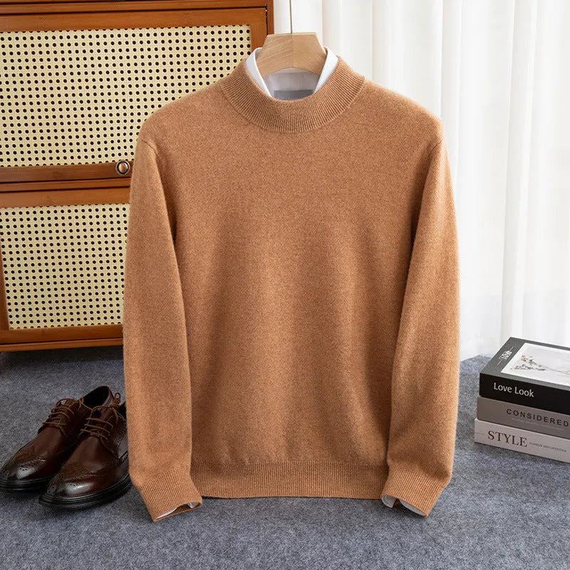 Men's loose fit half-collar wool sweater in a light business style, shown in a range of colours.