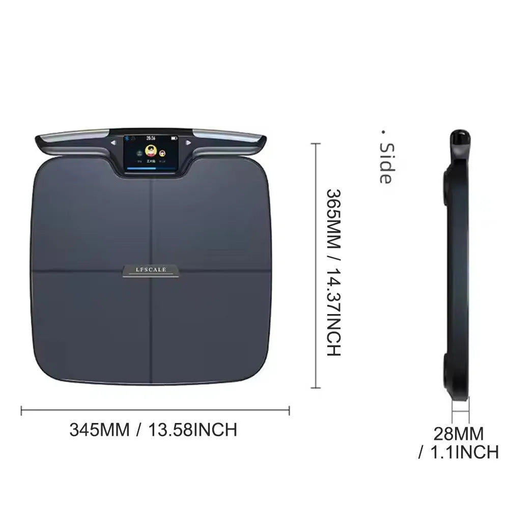 Black eight-electrode body fat weighing scale with LCD display for household health measurements