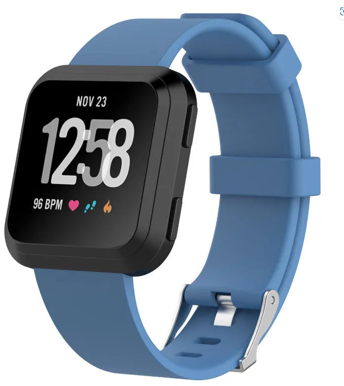 Fitbit Versa Lite TPE replacement watch strap showing colour options and sizing measurements