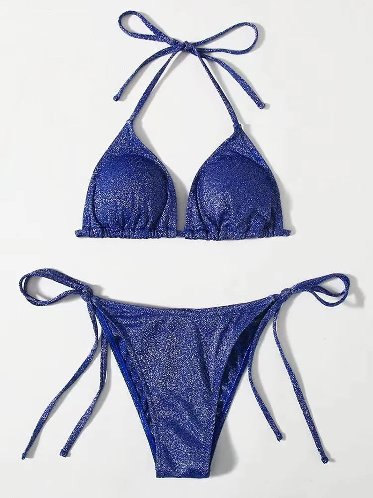 Women's split bandage style bikini swimsuit in polyester fabric with briefs bottom
