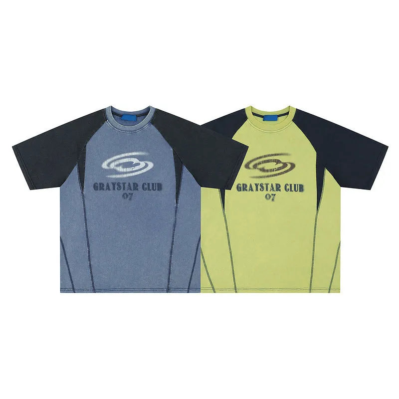 Men's blue hip hop letter print t-shirt with raglan sleeves and loose fit cotton construction