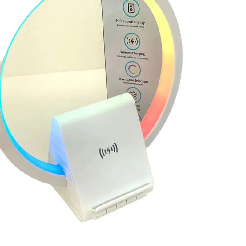 White smart Bluetooth speaker with wireless charging pad and ambience light, dimensions 225mm x 200mm
