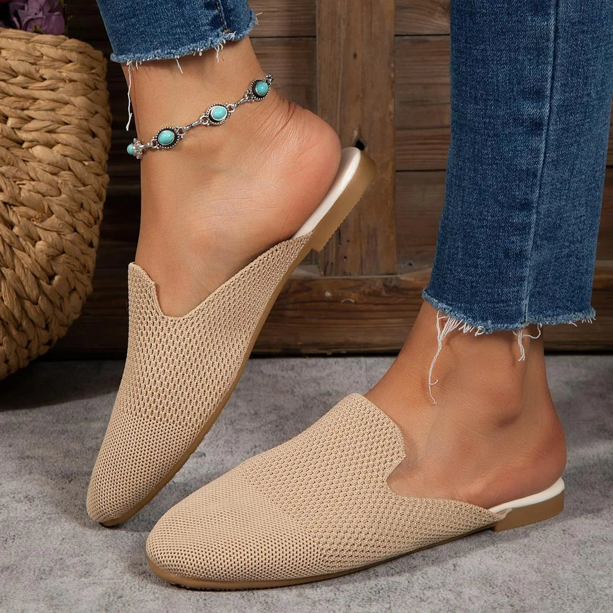 Casual cloth-covered mesh sandals in apricot, blue, or green candy colours with rubber soles.