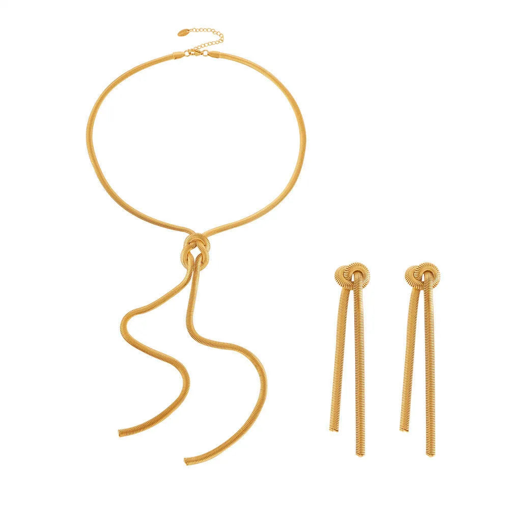 Gold electroplated titanium steel knotted tassel necklace with snake chain and matching earrings set