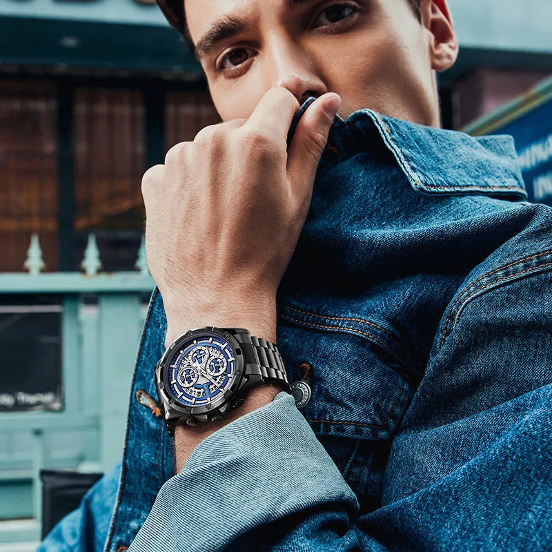 Men's luminous waterproof quartz watch with a steel bracelet in a casual style.