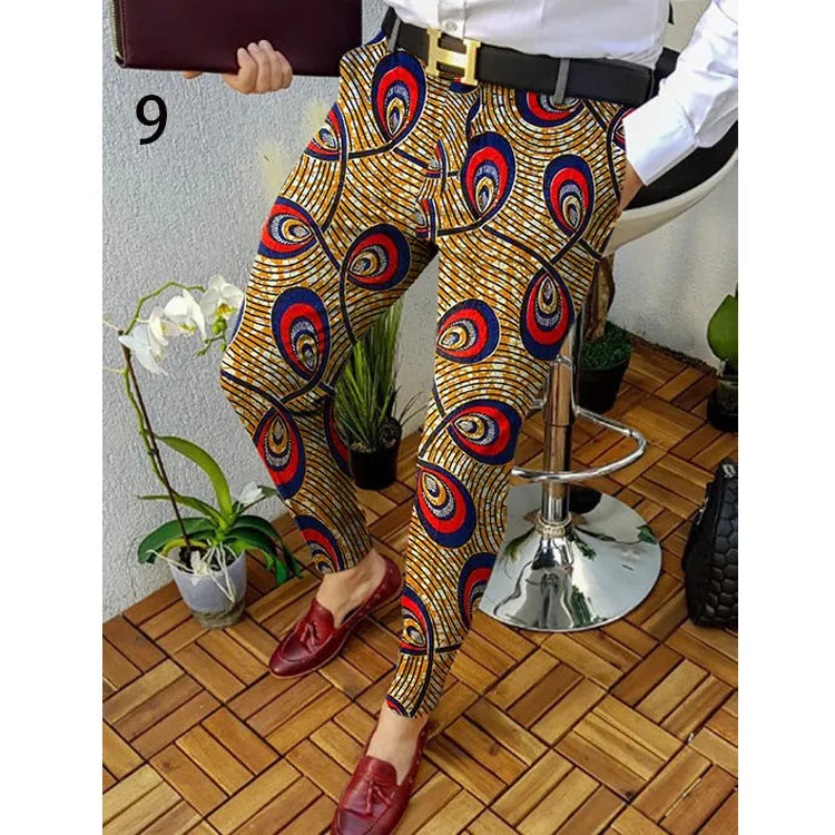 Men's slim-fit straight-leg casual trousers featuring a blue and black 3D printed plaid pattern.