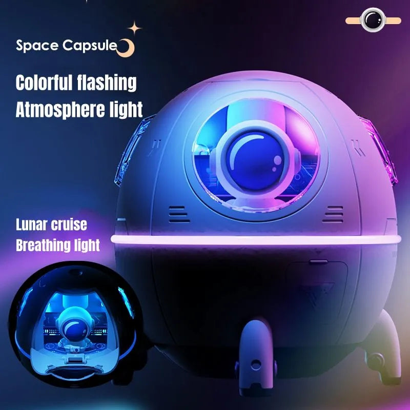 Purple astronaut shaped desktop humidifier with 220ml tank and USB cable