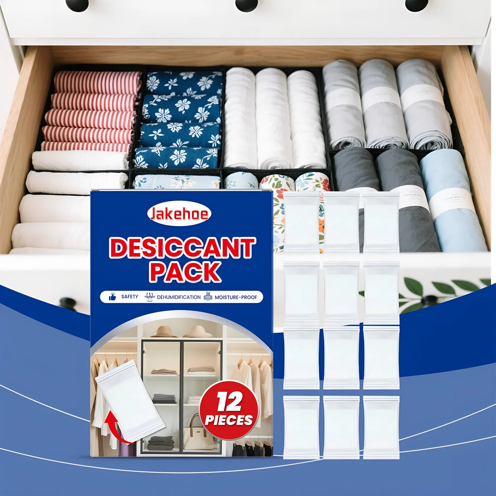 Pack of 12 white calcium chloride desiccant bags for absorbing household moisture and reducing damp.