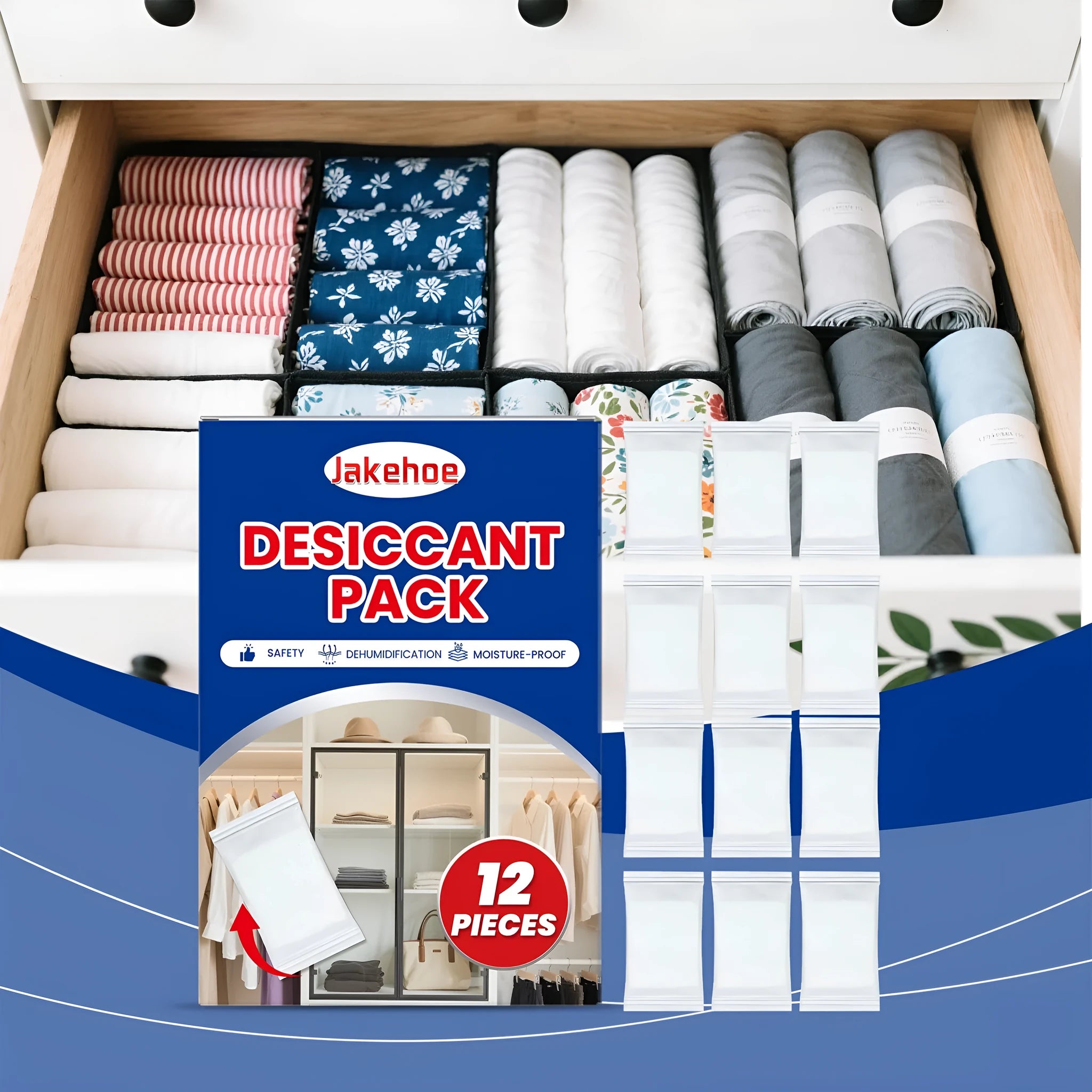 Pack of 12 white calcium chloride desiccant bags for absorbing household moisture and reducing damp.