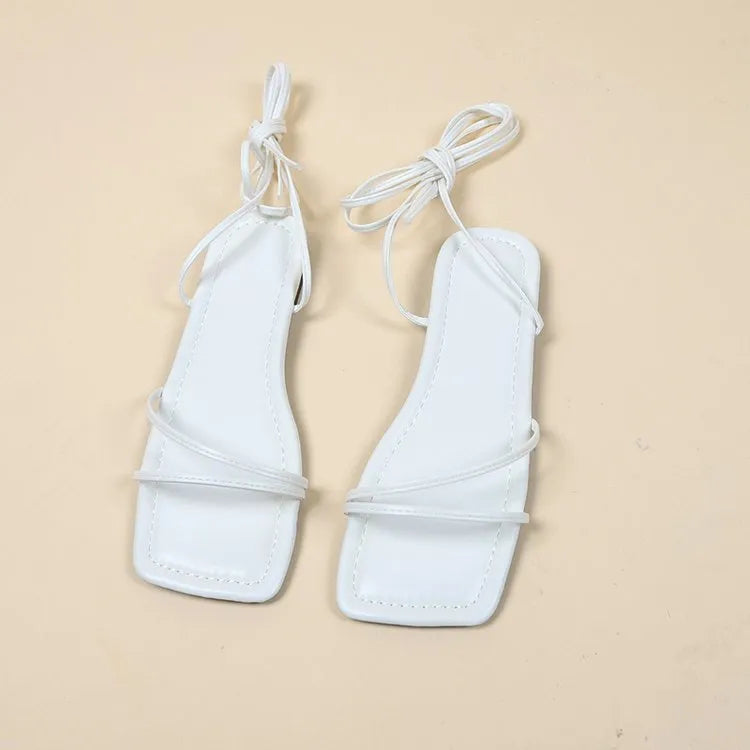 Women's ankle ring bandage cloth flat sandals with square toe in white, black, or orange red.