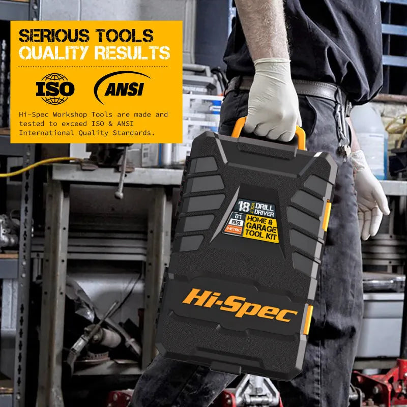 Grey-yellow tool case containing 82-piece chrome-vanadium steel hardware set for furniture installation