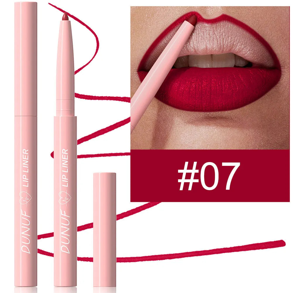 12 Colour Velvet Matte Lip Liner pencil showing range of nude, berry and brown shades.
