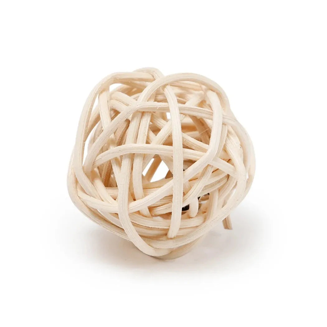Two cat toys: rattan ball and faux feather bell ball with measurements 3.5cm and 4x9cm