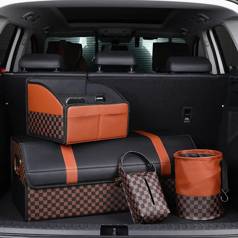Brown retractable leather car trash can showing expanded and folded positions