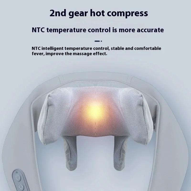 Grey elastic fabric covered neck and back massager with USB charging cable