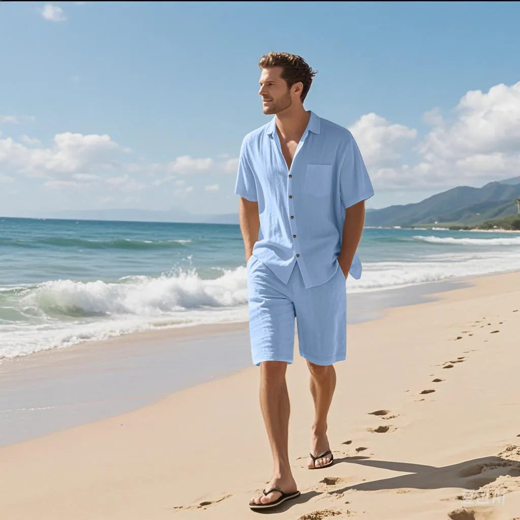 Linen blend casual short sleeve shirt and matching shorts set laid flat, shown in light blue colour.