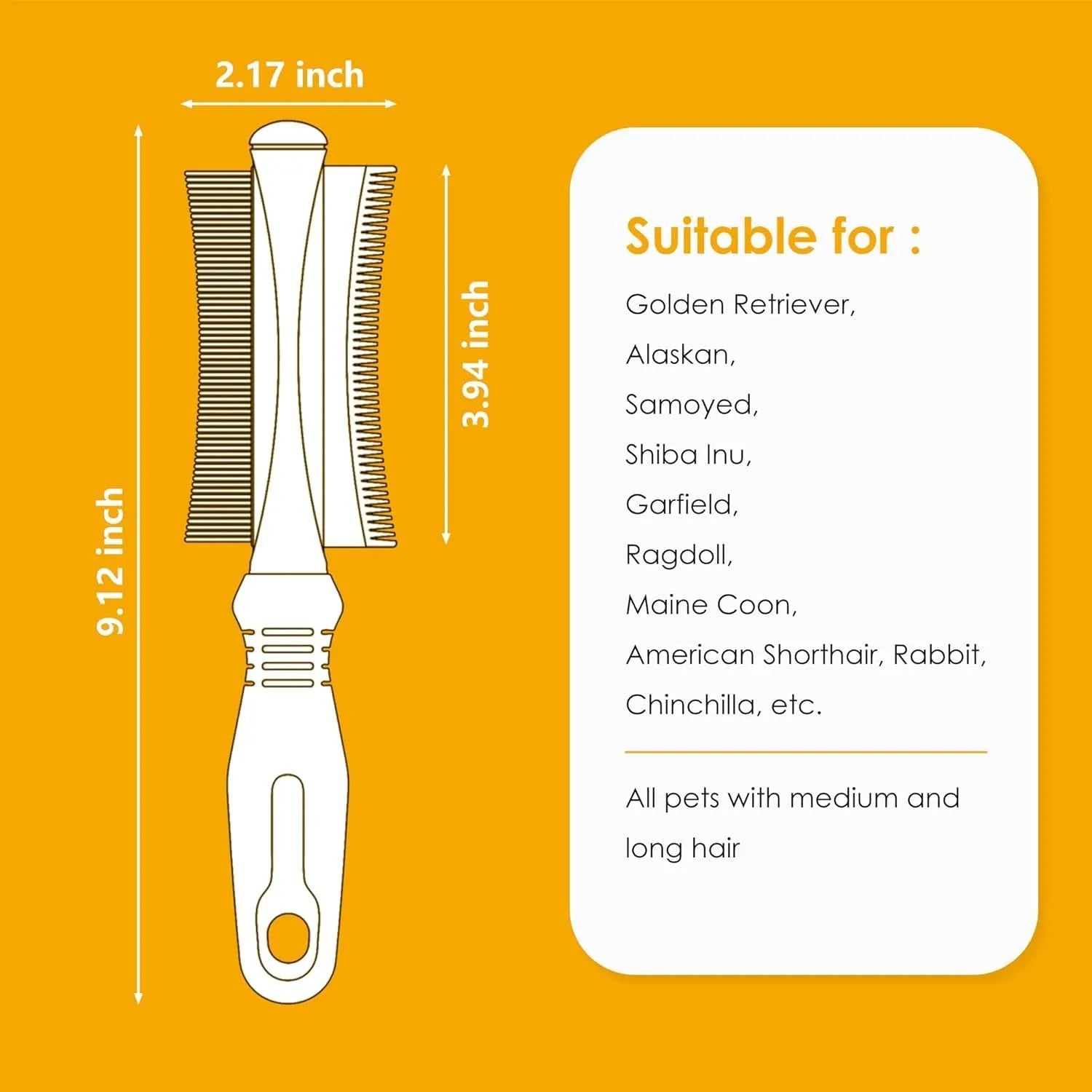 White double-sided dog and cat grooming brush with curved comb and deshedding blade, showing ergonomic handle.