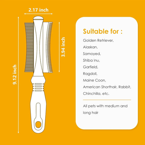 White double-sided dog and cat grooming brush with curved comb and deshedding blade, showing ergonomic handle.