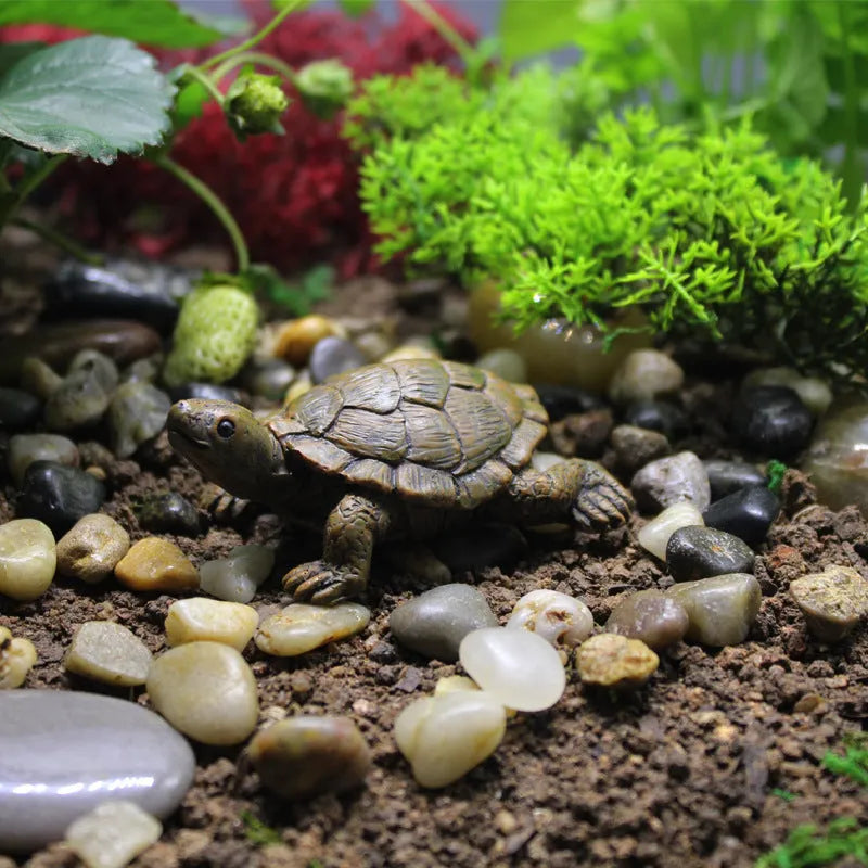 Realistic simulated turtle resin ornament for garden and terrarium decoration.
