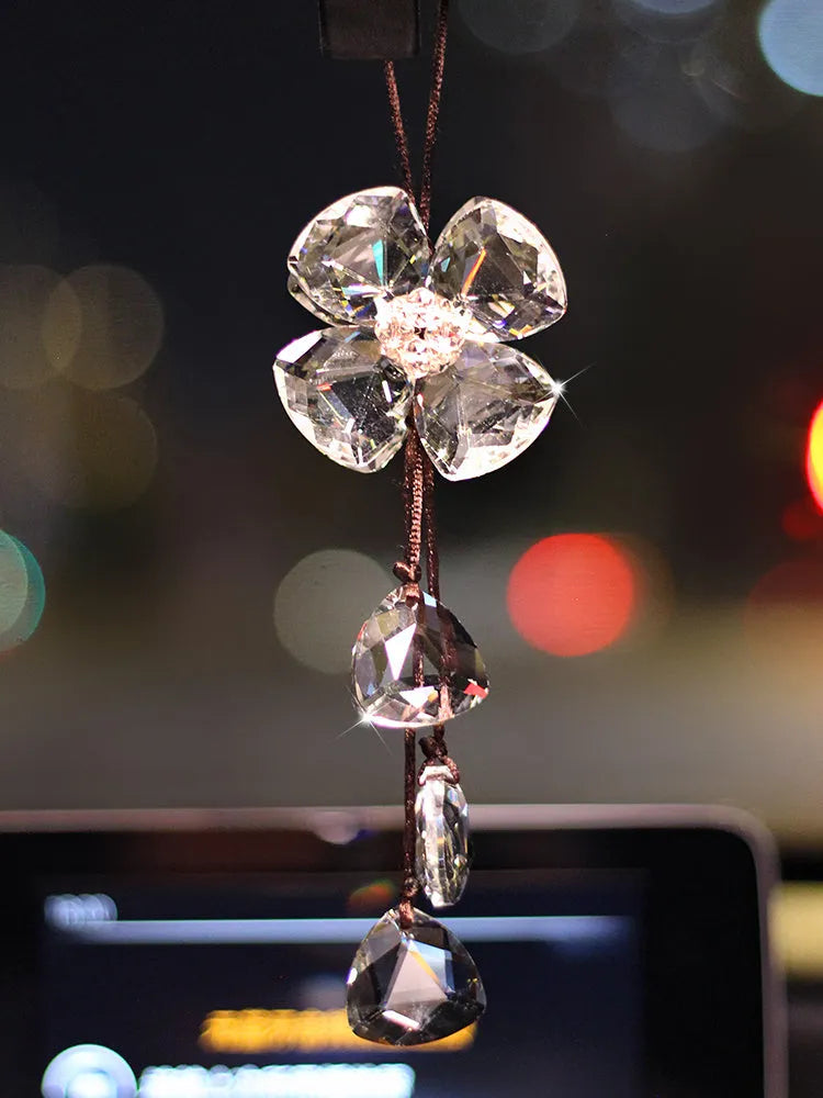 Genuine crystal four leaf grass car interior pendant measuring approximately 20cm for vehicle decoration